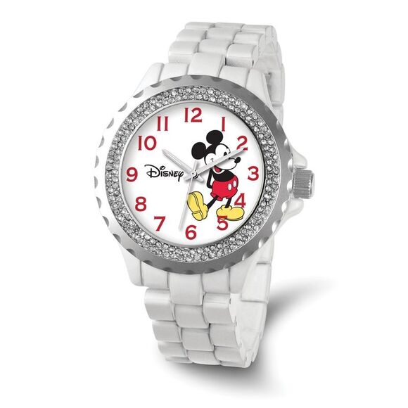 Disney Ladies Size White Band w/ Crystal Bezel Mickey Mouse Watch - Picture 1 of 2